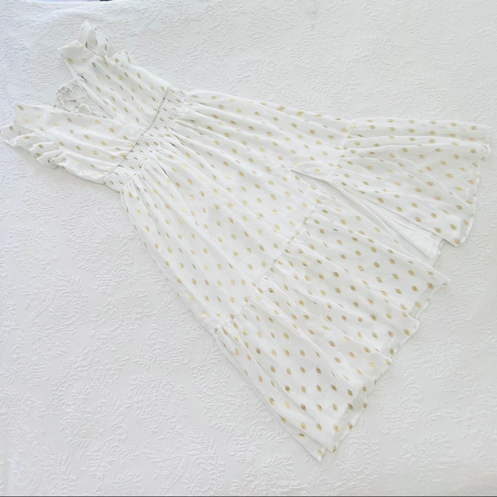 NWOT Lulus Cause to Celebrate White and Gold Dot Ruffled Tiered Midi Dress - Picture 5 of 11